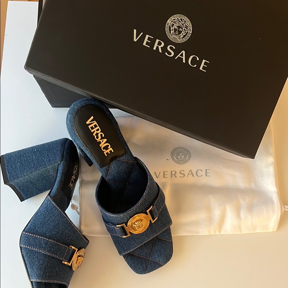 Versace Dark Blue Denim Medusa-Accent Block Heel Mules